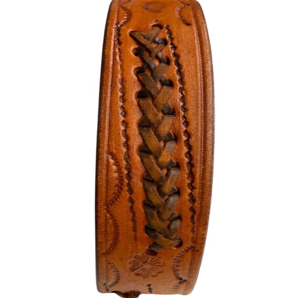 Vintage Hand Tooled Leather Belt Brown Braided Floral Stamped Western Boho 34 - Picture 3 of 6